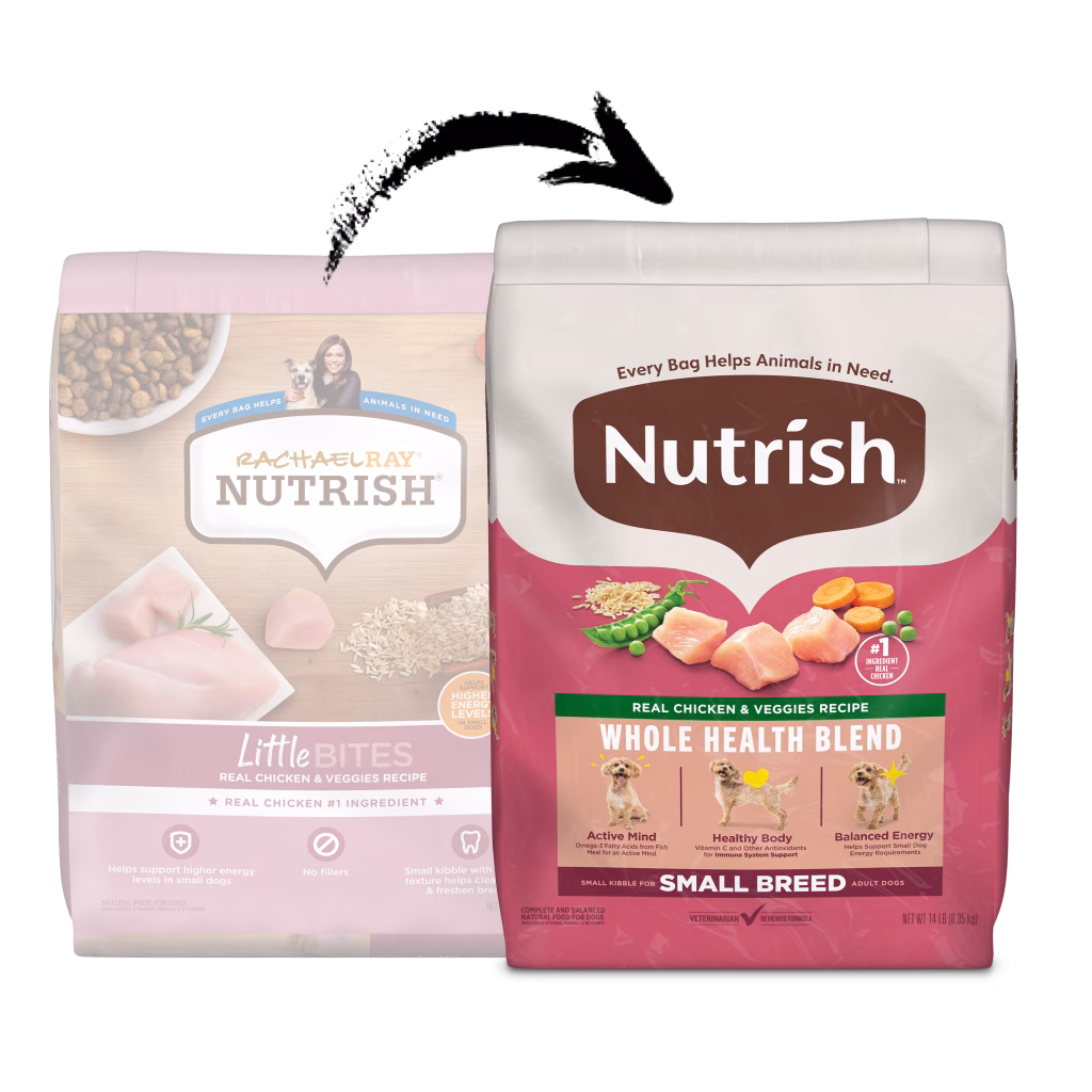 Nutrish Small Breed Dog Food old and new packaging